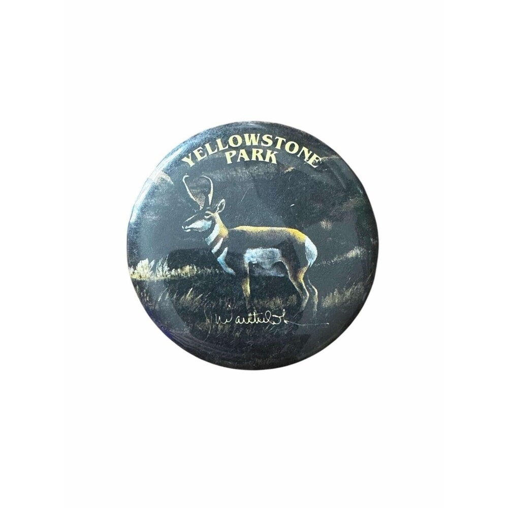 Vintage Yellowstone Park Pronghorn Button Pin Signed Souvenir Collectible Rare
